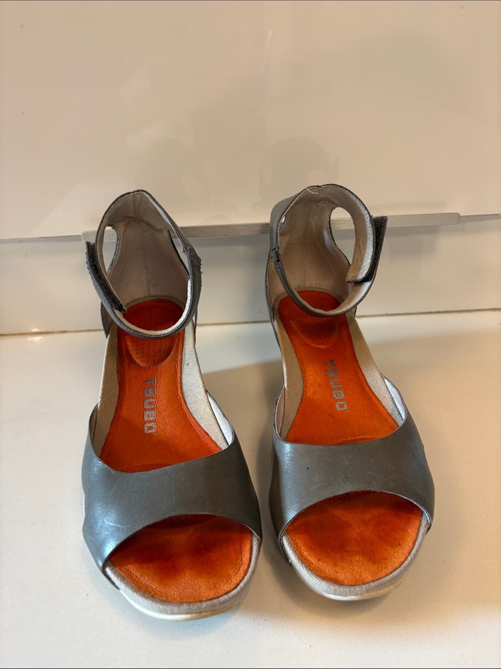 TSUBO Grey Leather Wedge Heels with Ankle Strap